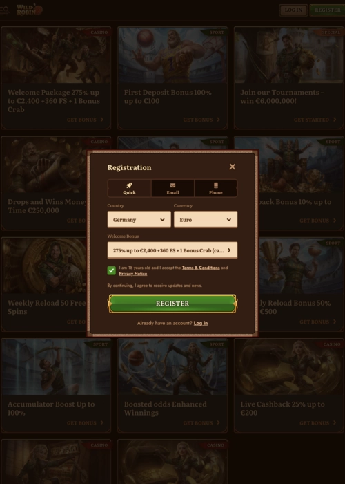 Fast player registration interface Wild Robin Casino